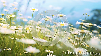 Serenity in Bloom: A Meadow Filled with Daisies and Chamomiles - Generative AI Stock Photo