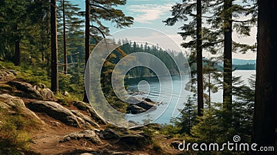 Serenity: Captivating Mountain Lake Surrounded By Pine Trees Stock Photo