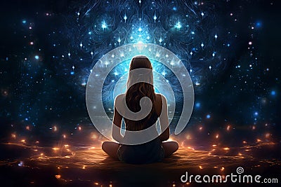 serenity in cosmic embrace, meditation in fractal beauty, Generative AI Stock Photo