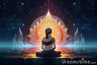 serenity in cosmic embrace, meditation in fractal beauty, Generative AI Stock Photo