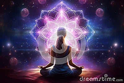 serenity in cosmic embrace, meditation in fractal beauty, Generative AI Stock Photo