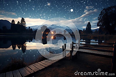 Serenity at dusk lakeside beauty with wooden dock, twinkling stars, and the radiance of a full moon Stock Photo