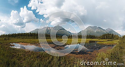 Serenity lake in tundra on Alaska with reflection. Denali highway and denali national park. Mountains in spring. Alaska Stock Photo