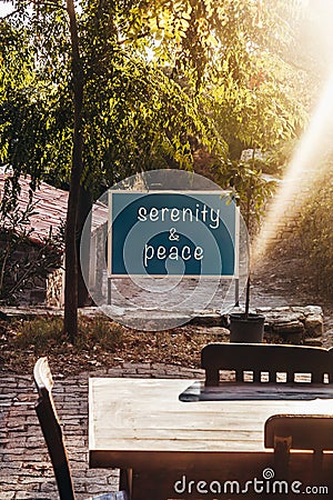 Serenity & Peace Text on Board, September Colors, Rurals Stock Photo