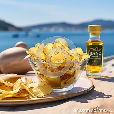 Serenity Snacking: High-Quality Potato Crisps by the Tranquil Seaside Stock Photo