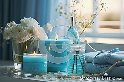 Tranquil Accessories, Relaxing Candles, Soothing Oils, Bath Salts for Ultimate Relaxation and Rejuvenation. In Blue Stock Photo