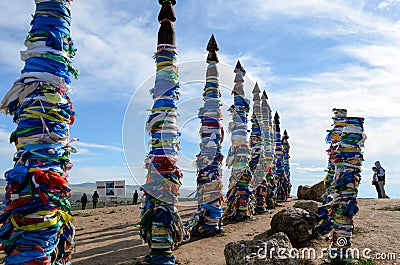 Sergae - ritual pillars of the Buryats on Olkhon Island, Baikal, Russia Editorial Stock Photo