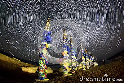 Serge Poles. Starry night over the island Olkhon. Burkhan Cape Stock Photo