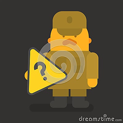 Sergeant with red mustache holding question mark. Vector character Vector Illustration