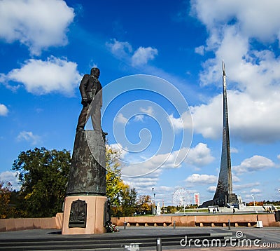 Sergei Korolev monument in Cosmonauts Alley in Moscow. Sergei Korolev was Soviet designer of rocket engines and space systems Editorial Stock Photo