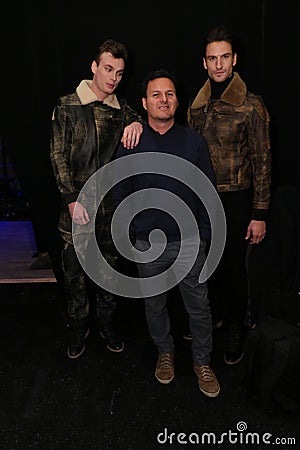 Sergio Davila (C) and models backstage at the SERGIO DAVILA fashion show during MBFW Fall 2015 Editorial Stock Photo