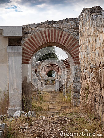 Series of Archways Reinforced in Brick and Mortar in the Ancient City of Philippi Greece Stock Photo