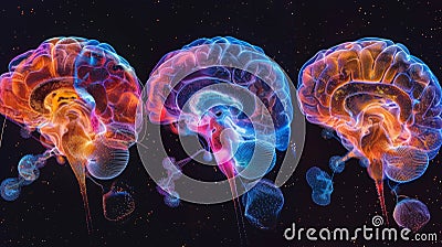 A series of brain scans showing the changes in neural activity before and after using neurotech therapy for PTSD. Stock Photo