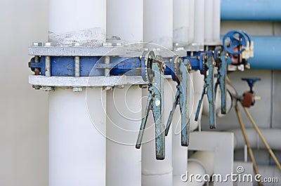 Series of butterfly valves on supply water piping Stock Photo