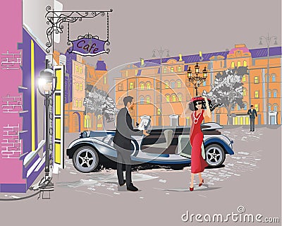 Series of colorful retro street views with fashion people in the old city. Vector Illustration