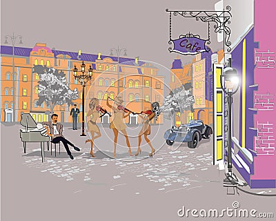 Series of colorful retro street views with fashion people in the old city. Vector Illustration