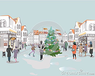 Series of colorful street views with people in the old city in winter. Vector Illustration