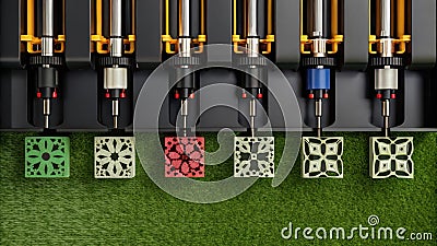 A series of customized robotic printers laying down layers of precise materials for microassembly creating intricate Stock Photo