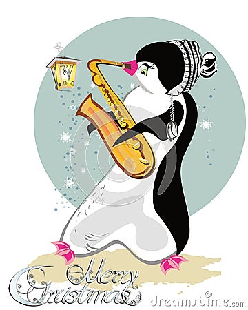 Series of cute penguins playing musical instruments. Vector Illustration