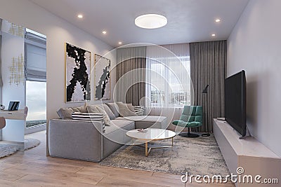 A series of 3d illustrations of interior living room with different lighting Cartoon Illustration