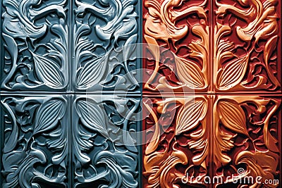 a series of decorative metal panels in different colors Stock Photo