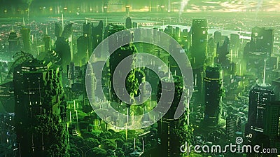 A series of digital scenes depicting a futuristic city powered entirely by algaebased biofuel showcasing the potential Stock Photo