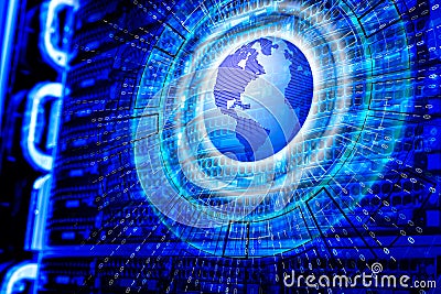 Series disk storage disks of the mainframe in data center with hi speed internet technology with 3d planet earth Stock Photo