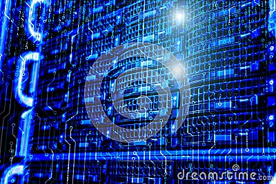 Information technology and big data concept, data center disk storage with binary code and circuit board background Stock Photo