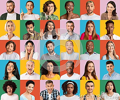 Series of diverse human faces expressing various emotions, posing over bright studio backgrounds. Society concept Stock Photo