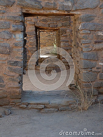 Series of Doorways with Wooden Lintels at Aztec Ruins National Monument in Aztec, New Mexico Stock Photo