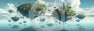 A Series Of Floating Islands In The Sky Panoramic Background. Generative AI Stock Photo