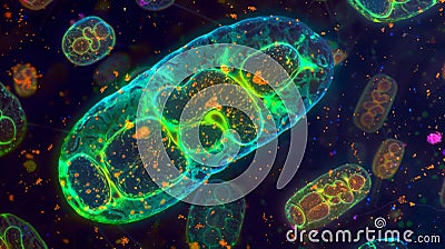 A series of fluorescent images showing the movement of mitochondria within a living cell. The mitochondria appear as Stock Photo