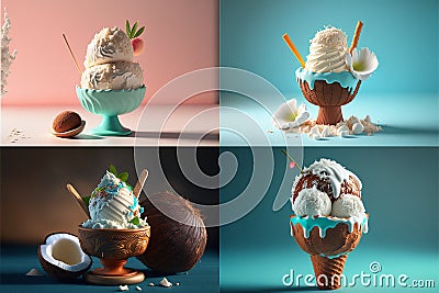 Series of delicious coconut ice cream desserts Stock Photo