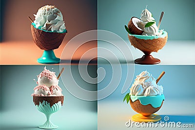 Series of delicious coconut ice cream desserts Stock Photo