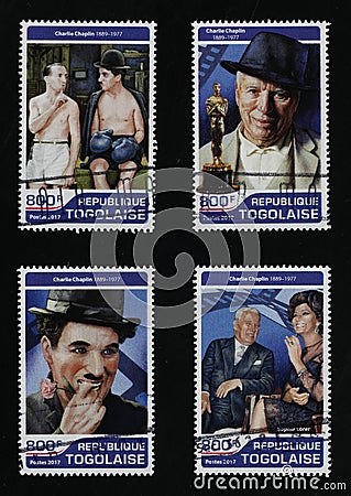 Portraits of Charlie Chaplin on a series of stamps Editorial Stock Photo