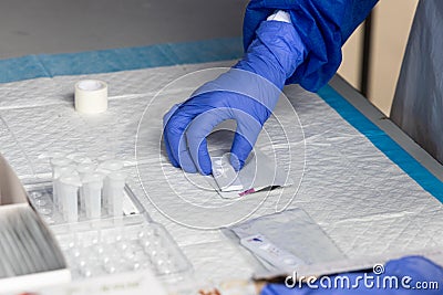 Series of healthcare worker preparing to test covid-19 swab culture on rapid test kit Stock Photo