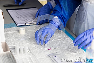 Series of healthcare worker preparing to test covid-19 swab culture on rapid test kit Stock Photo