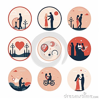 A series of icons depicting a man and a woman in love. Generative AI image. Stock Photo