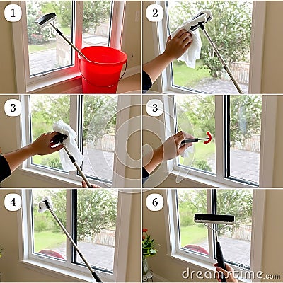 A series of images showcasing a step by step window cleaning process using tools like a bucket mop and squeegee in a home Stock Photo