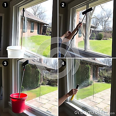 A series of images showcasing a step by step window cleaning process using tools like a bucket mop and squeegee in a home Stock Photo