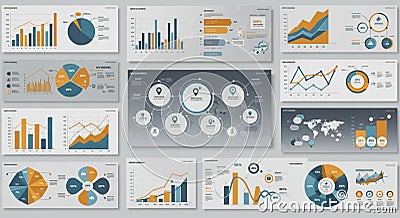 A series of infographic charts and graphs display data using various visualizations. Stock Photo