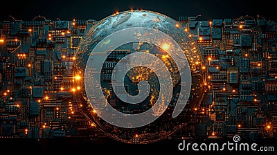 A series of interconnected circuit boards and data streams form the shape of a large globe signifying the global Stock Photo