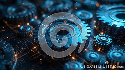 A series of interconnected gears in motion each representing a different step in the funding process from initial pitch Stock Photo