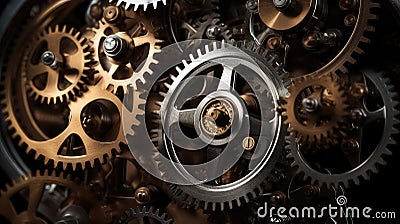 A series of interconnected gears powering a larger mechanism, highlighting the concept of linkage in creating functional systems Stock Photo