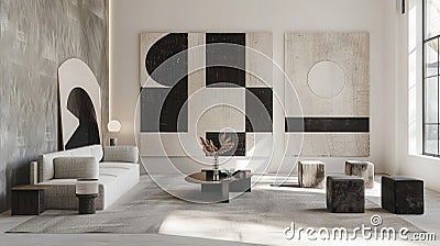 A series of large geometric prints featuring bold shapes and patterns create a harmonious display on the blank wall Stock Photo