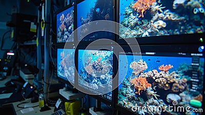 A series of monitors in a control room display realtime data from ocean temperature and salinity sensors as well as Stock Photo