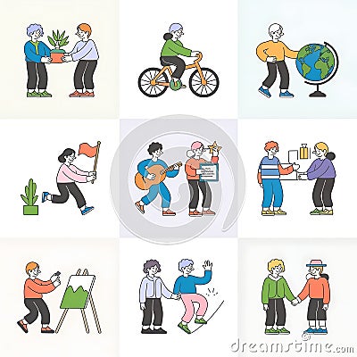 a series of nine different scenes arranged in three rows and three columns. Cartoon Illustration