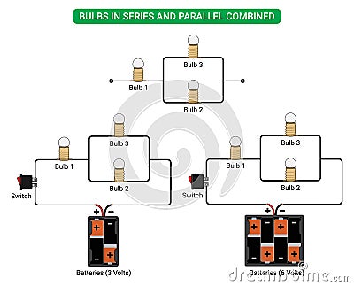 Series and parallel circuits combined. 3 Bulbs, Batteries and switch. Vector Illustration