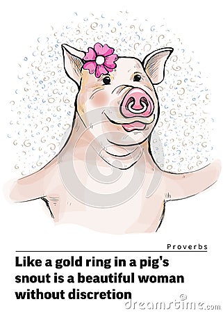 A series of postcards with a piglet. Proverbs and sayings. Like a gold ring in a pig s snout is a beautiful woman without discreti Stock Photo