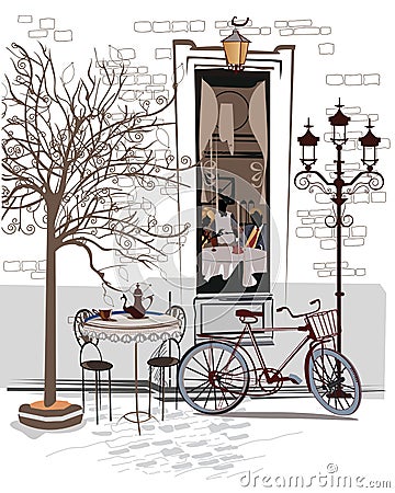 Series of sketches of beautiful old city views with cafes Vector Illustration